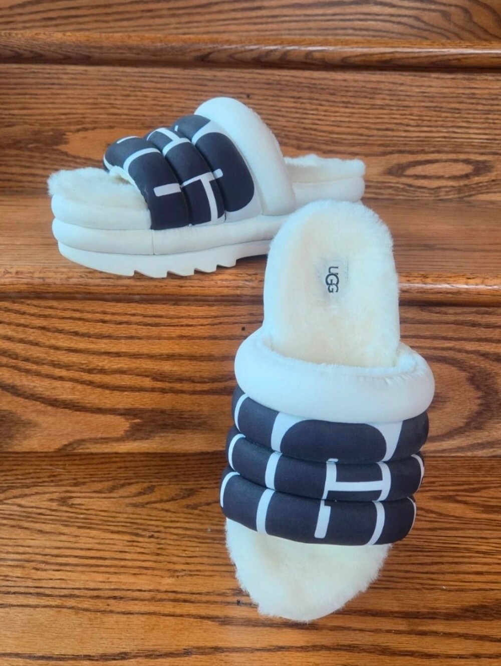 UGG White & Black Puffy Slide Slippers